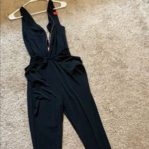 Plunging double zipper jumpsuit